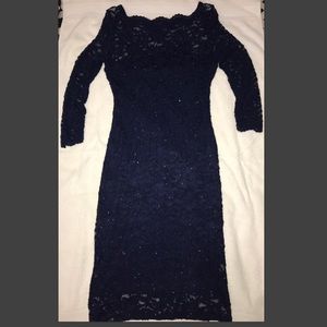 ONYX nite Navy Blue lace cocktail dress.